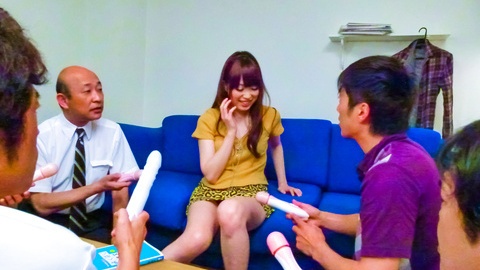 Moe Sakura gives guys a japan blowjob while masturbating